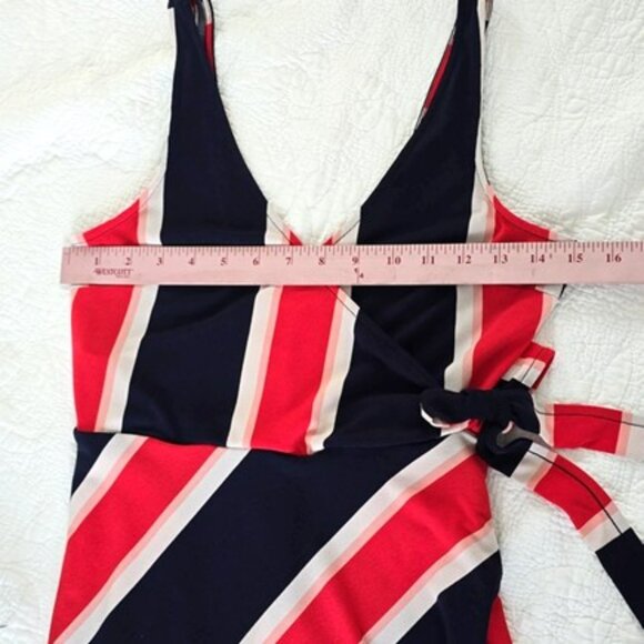 Express Women's Faux Mini Wrap Dress Size Small Navy Blue Red White Sleeveless - Picture 8 of 14